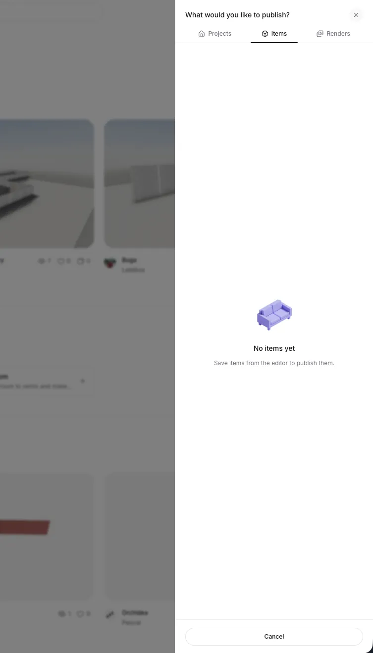 The publish panel with Projects, Items, and Renders tabs