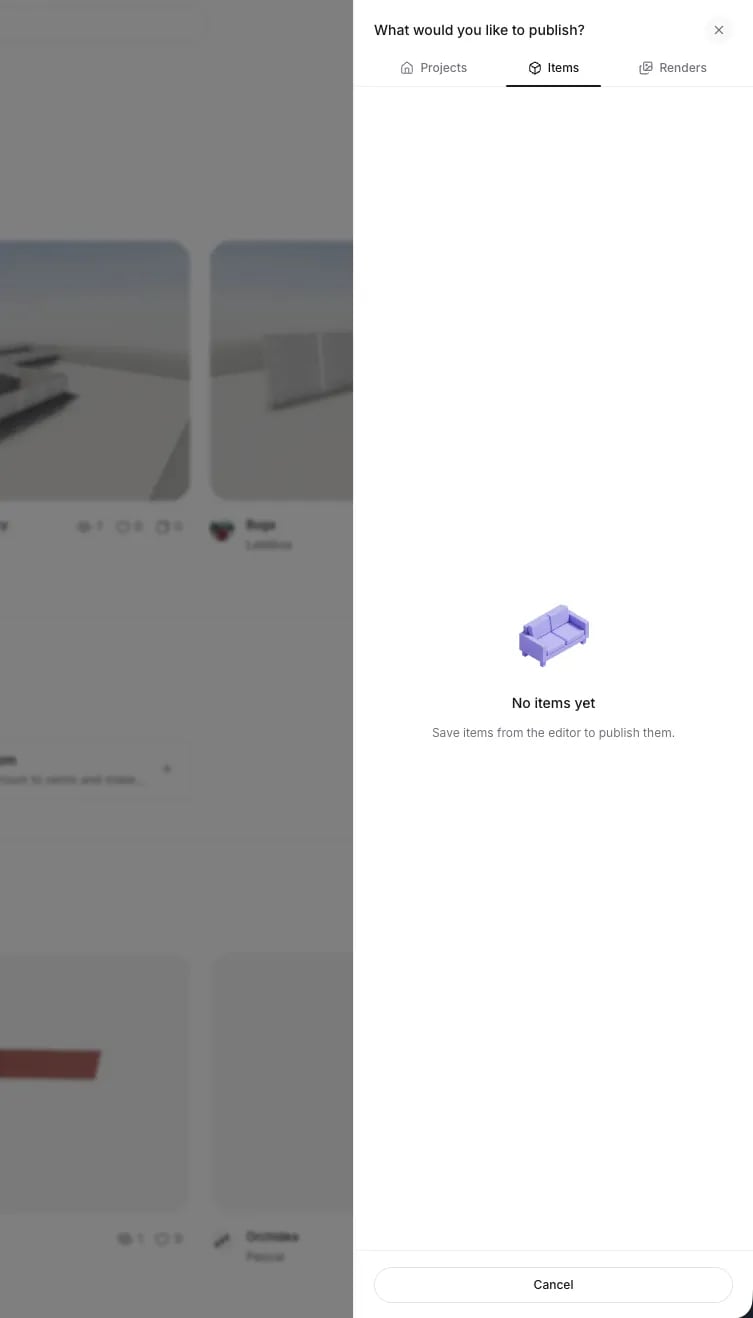 The publish panel with Projects, Items, and Renders tabs