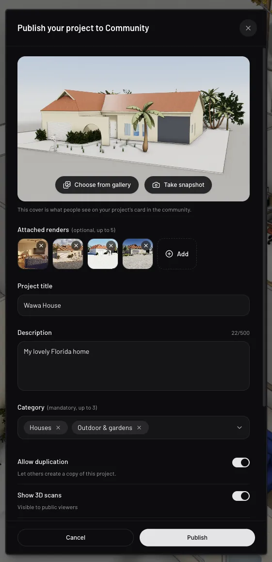 The publish dialog with cover, attached renders, details, and categories