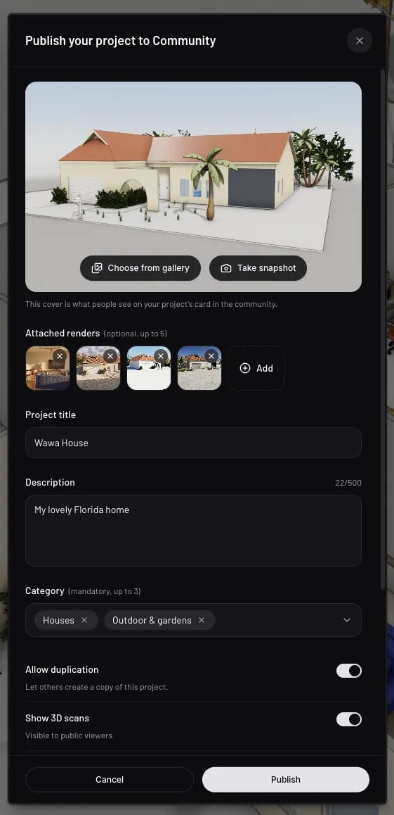 The publish dialog with cover, attached renders, details, and categories
