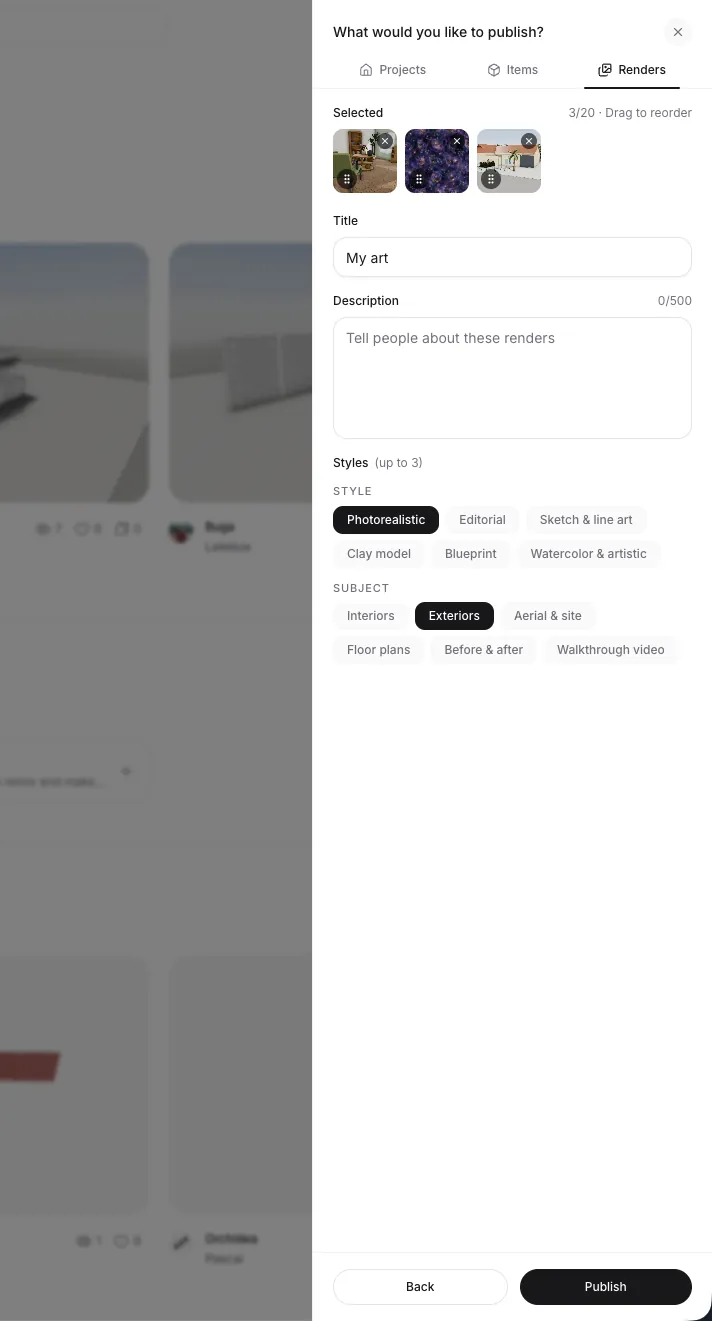 The render gallery builder with selected renders, a title, and style tags