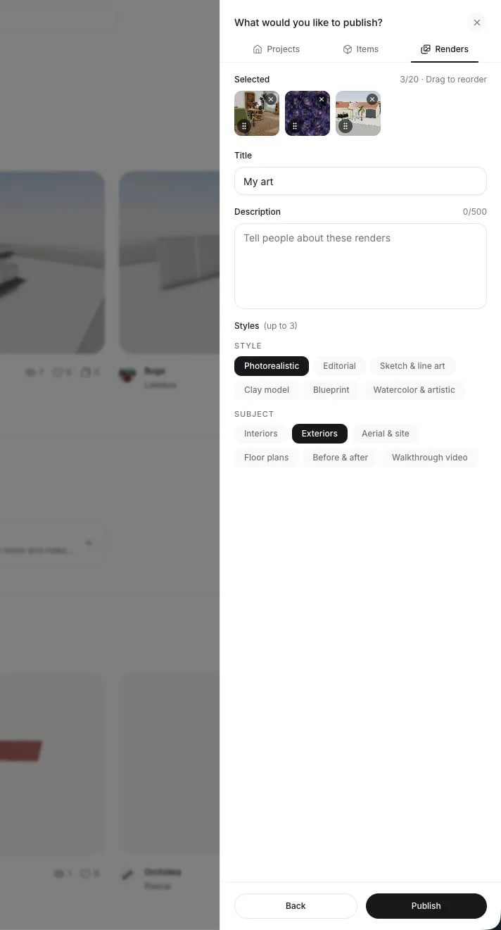 The render gallery builder with selected renders, a title, and style tags