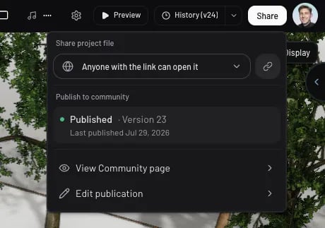 The Share popover with link access and the publication state