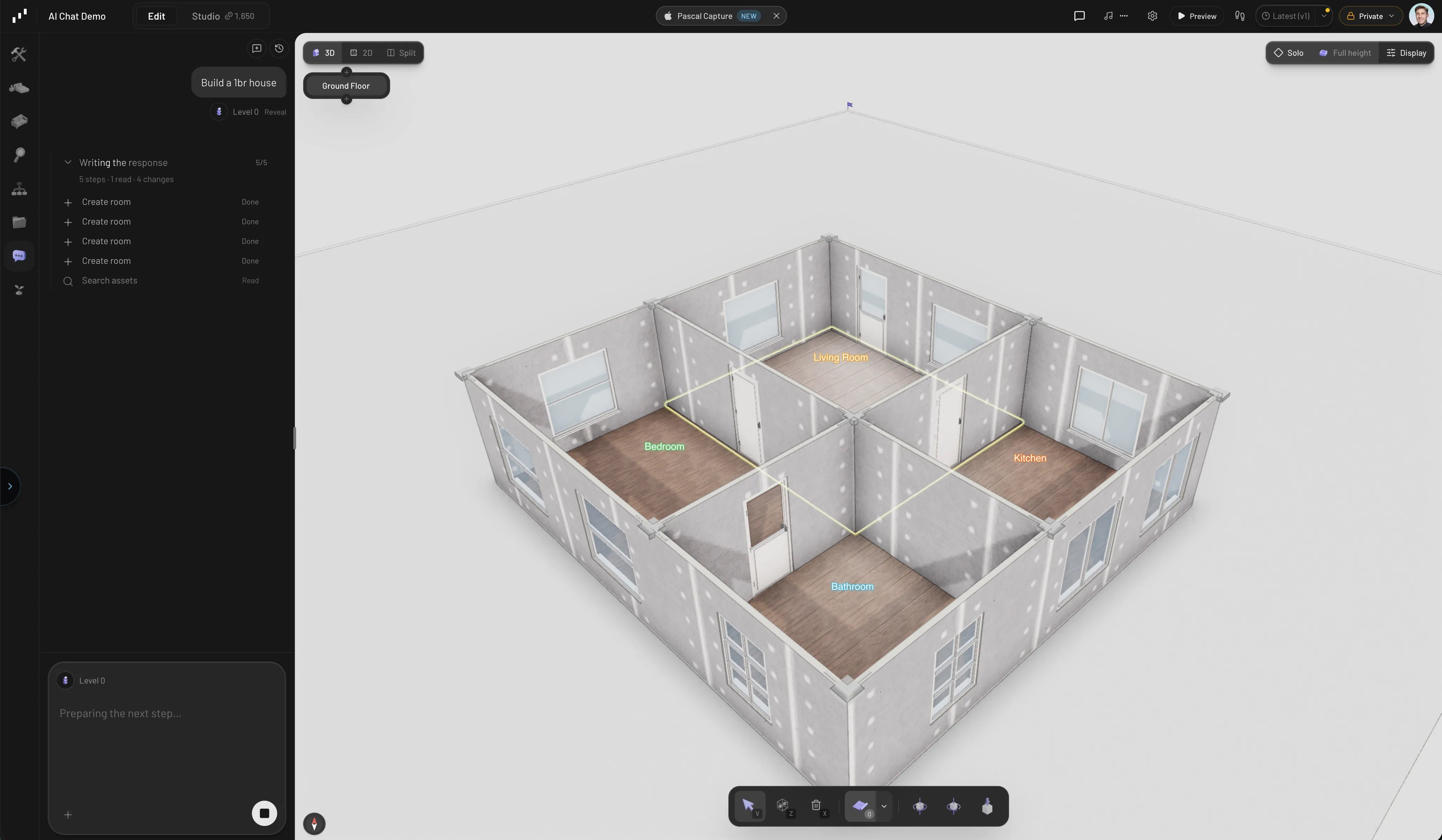 The AI assistant chat panel building a room in Pascal