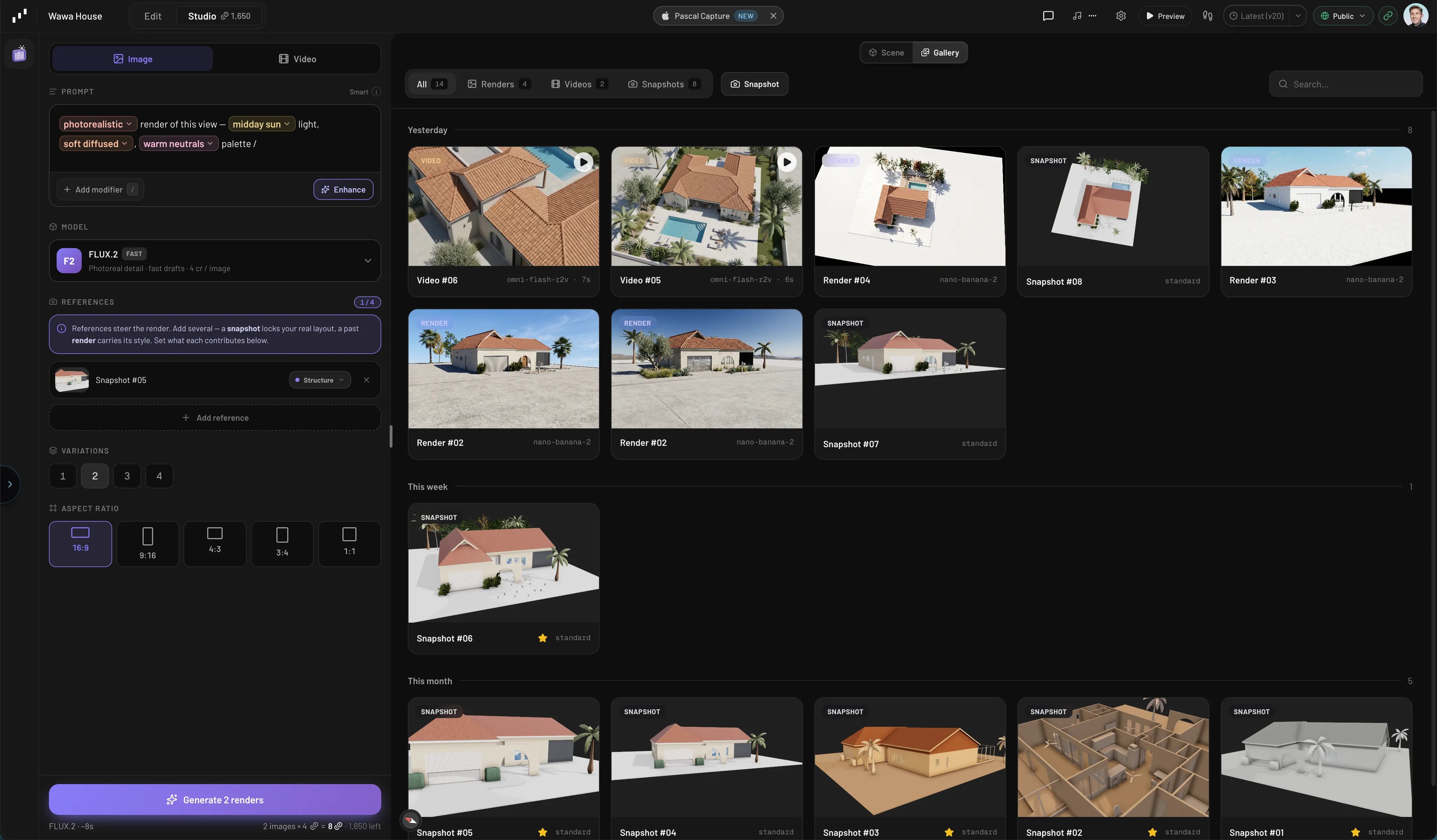 The Studio gallery grid with generated renders