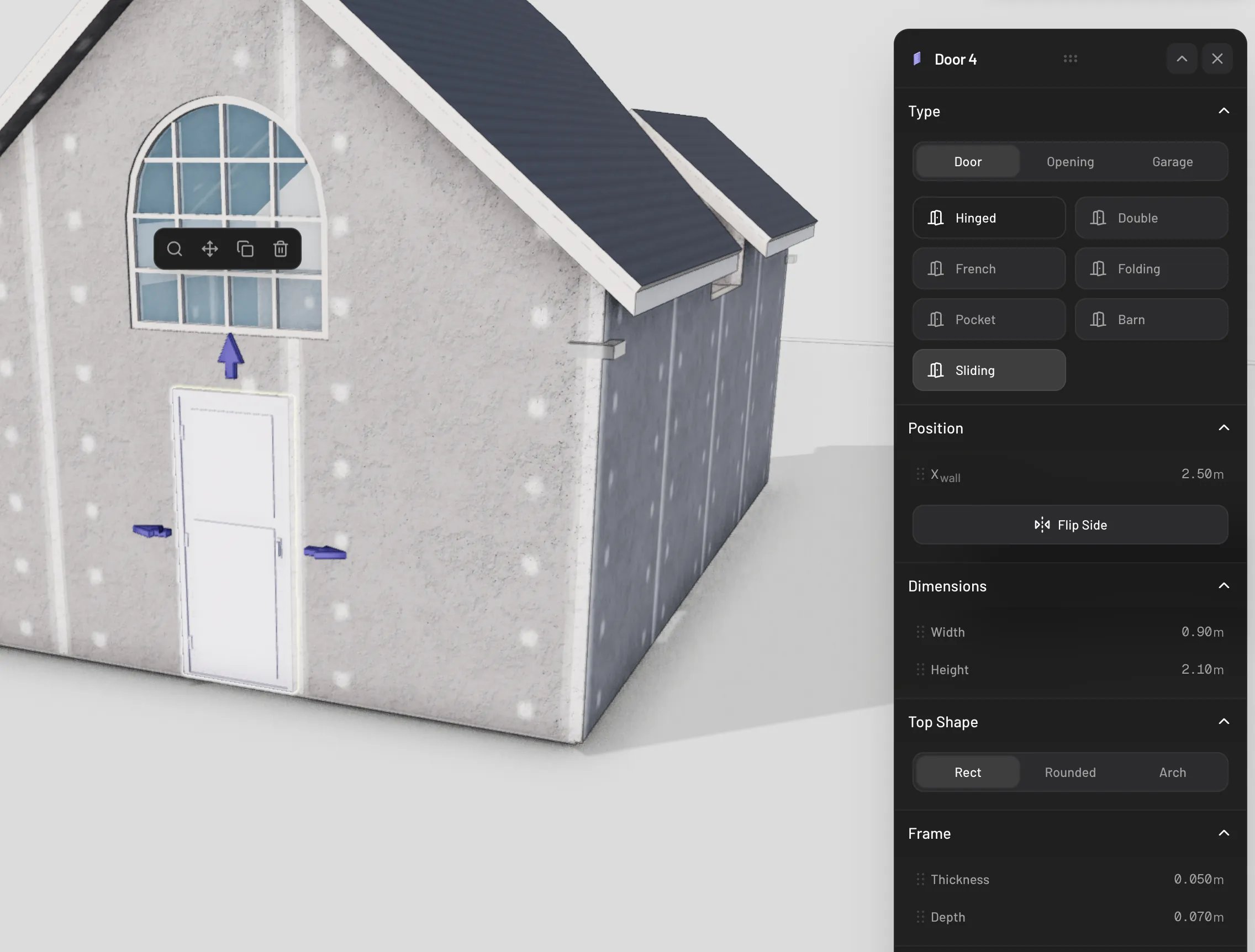 Door type and mode controls in the properties panel