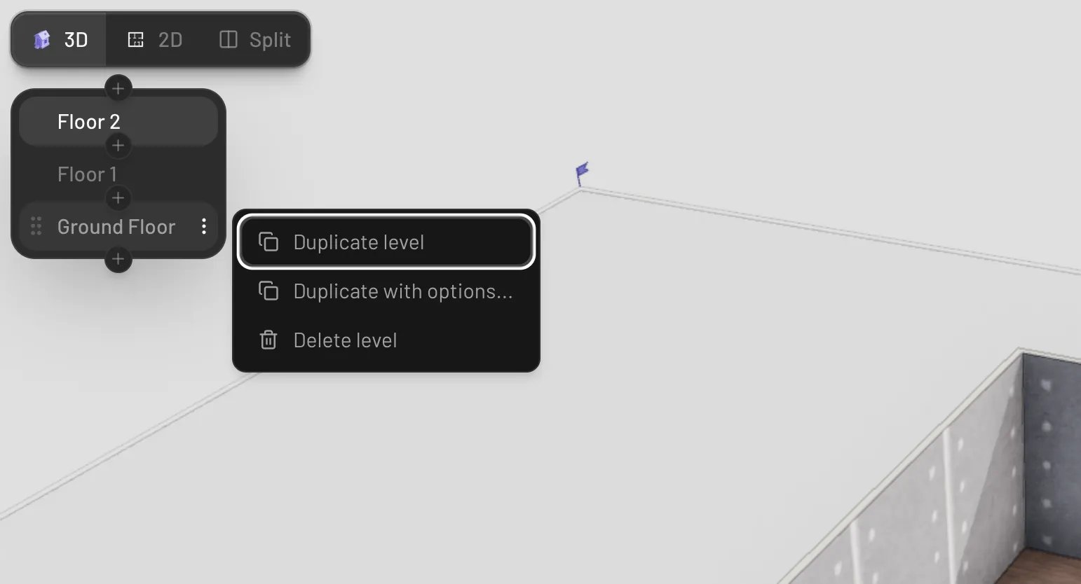 Level selector panel with add, duplicate, and delete controls