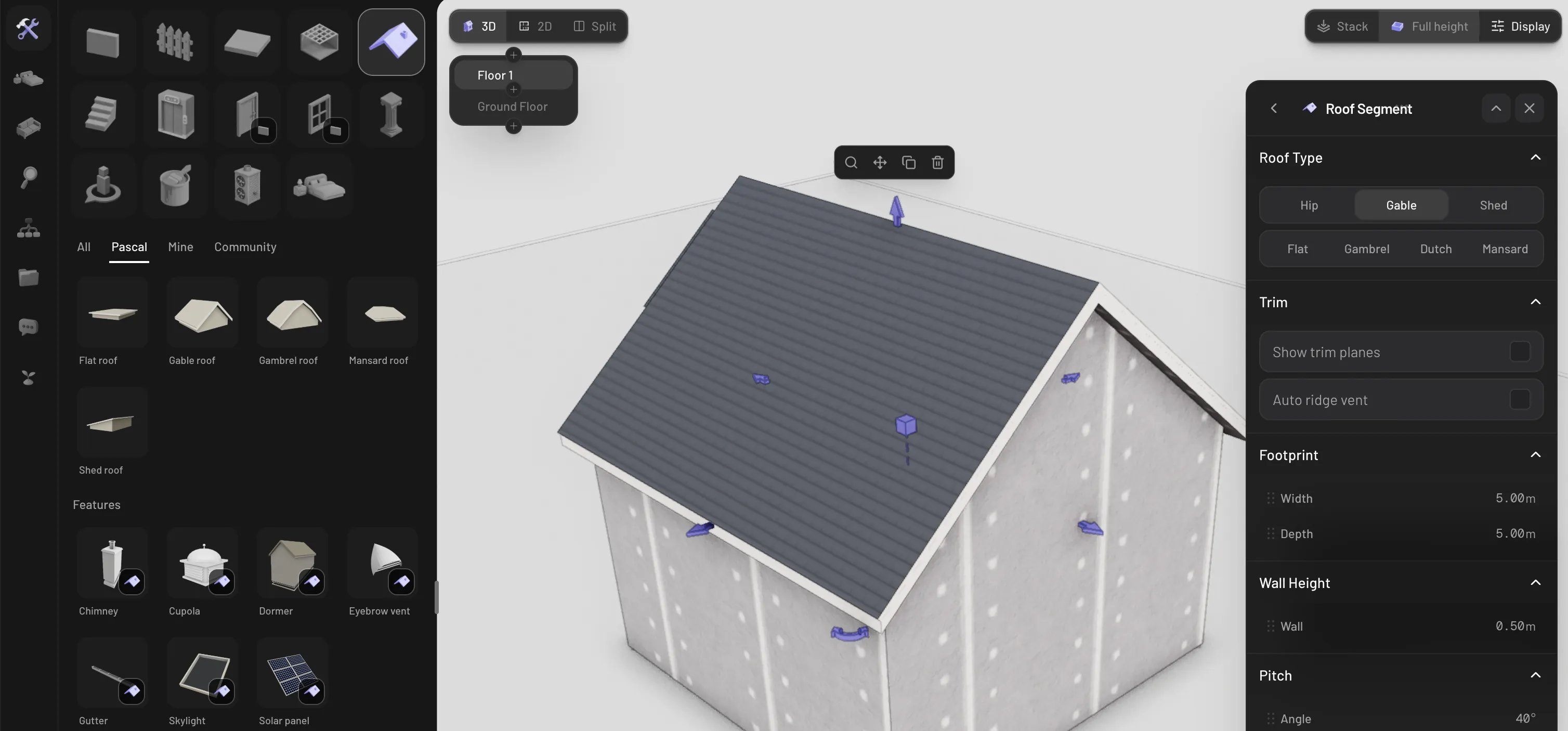 Roof type picker in the segment properties panel