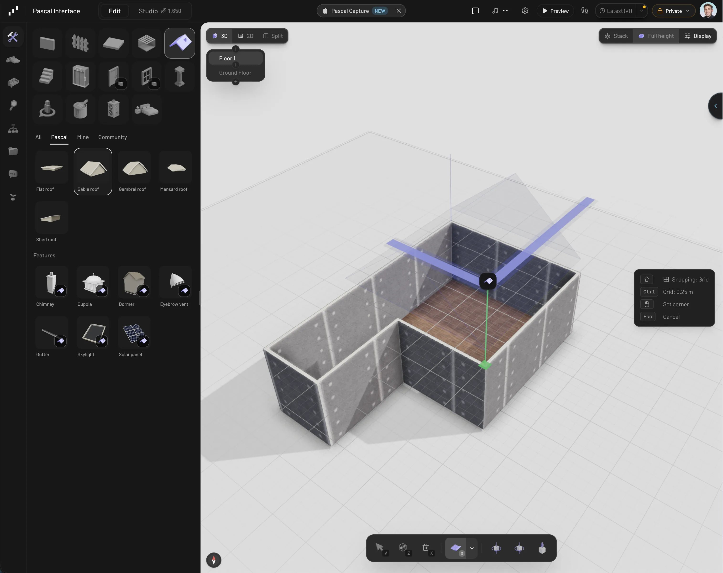 Two-click roof drawing with a live ghost preview