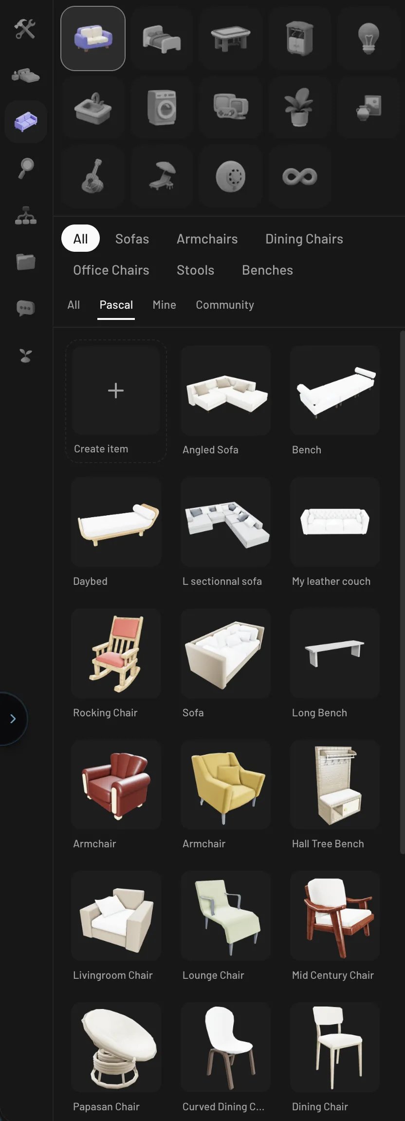 The Items panel in the Pascal sidebar