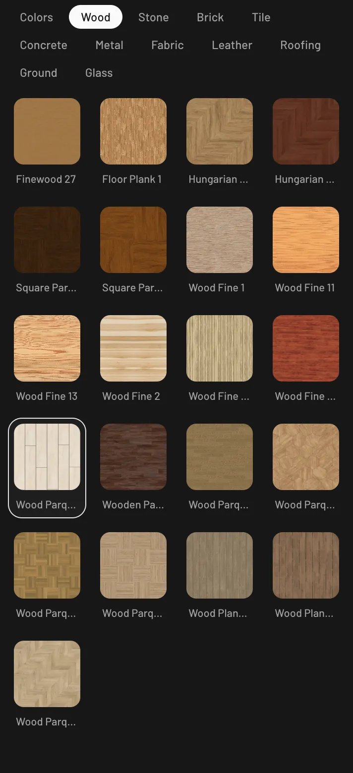 The material catalog in the paint panel