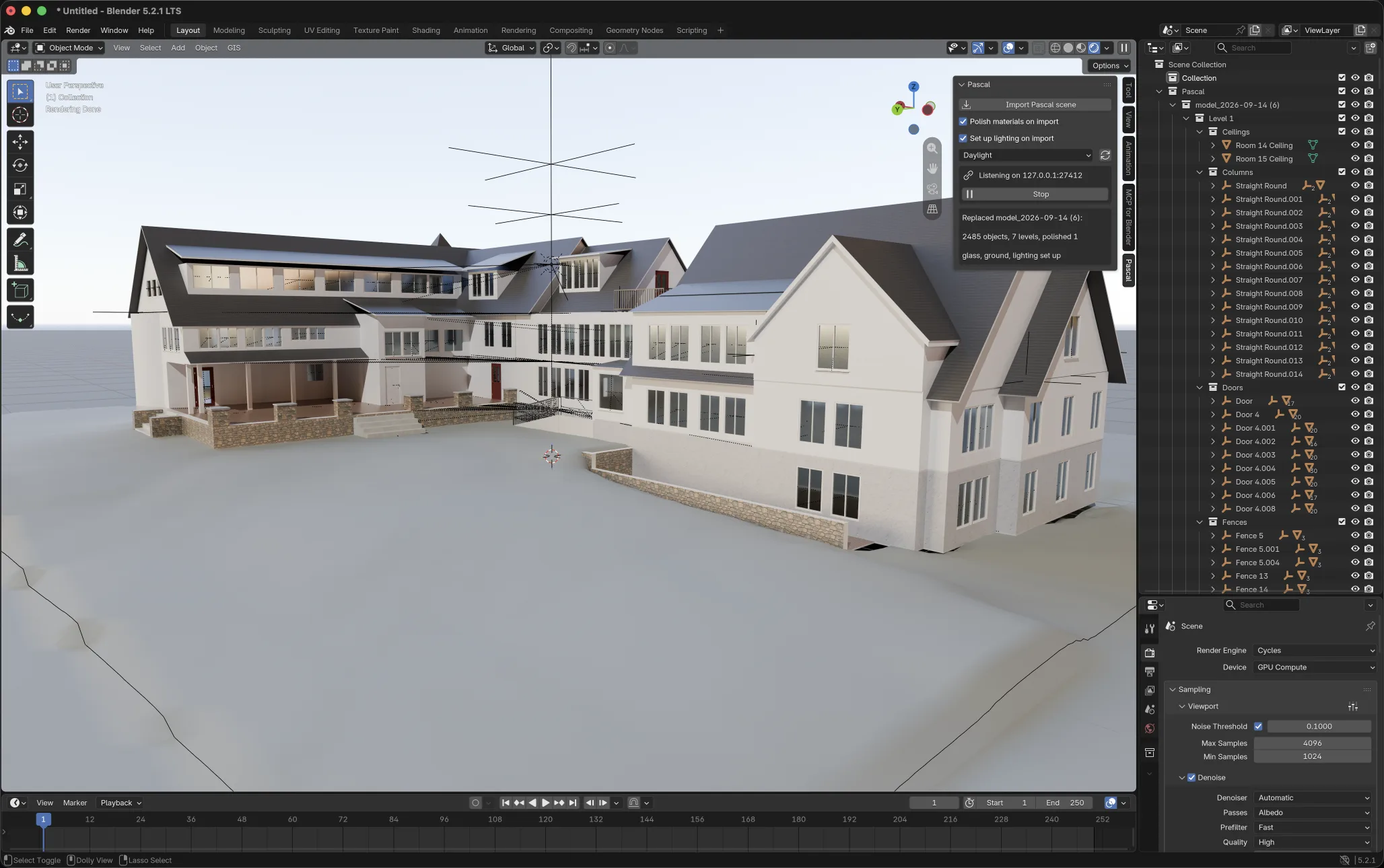 A Pascal house imported into Blender with the outliner and Pascal sidebar tab