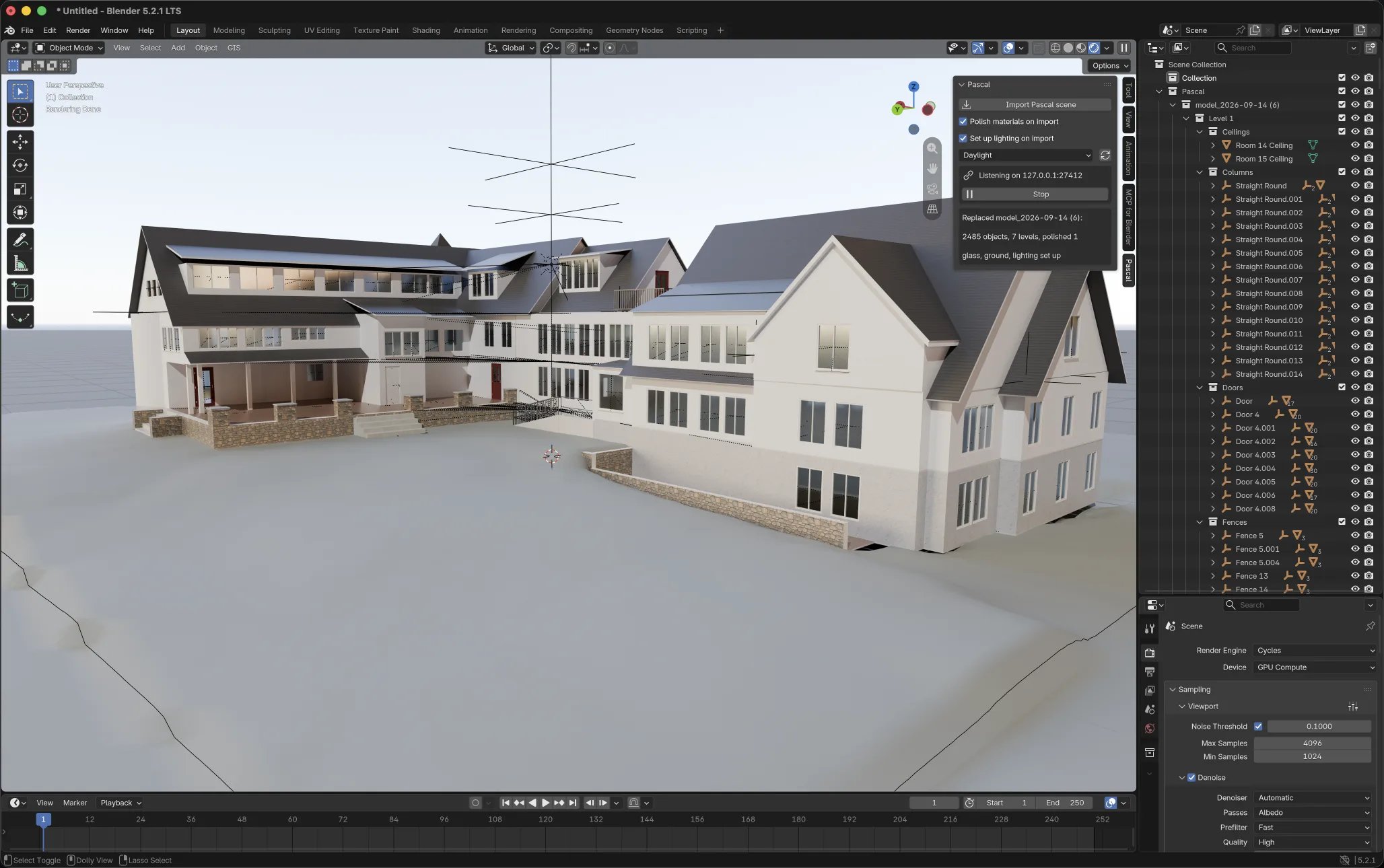 A Pascal house imported into Blender with the outliner and Pascal sidebar tab