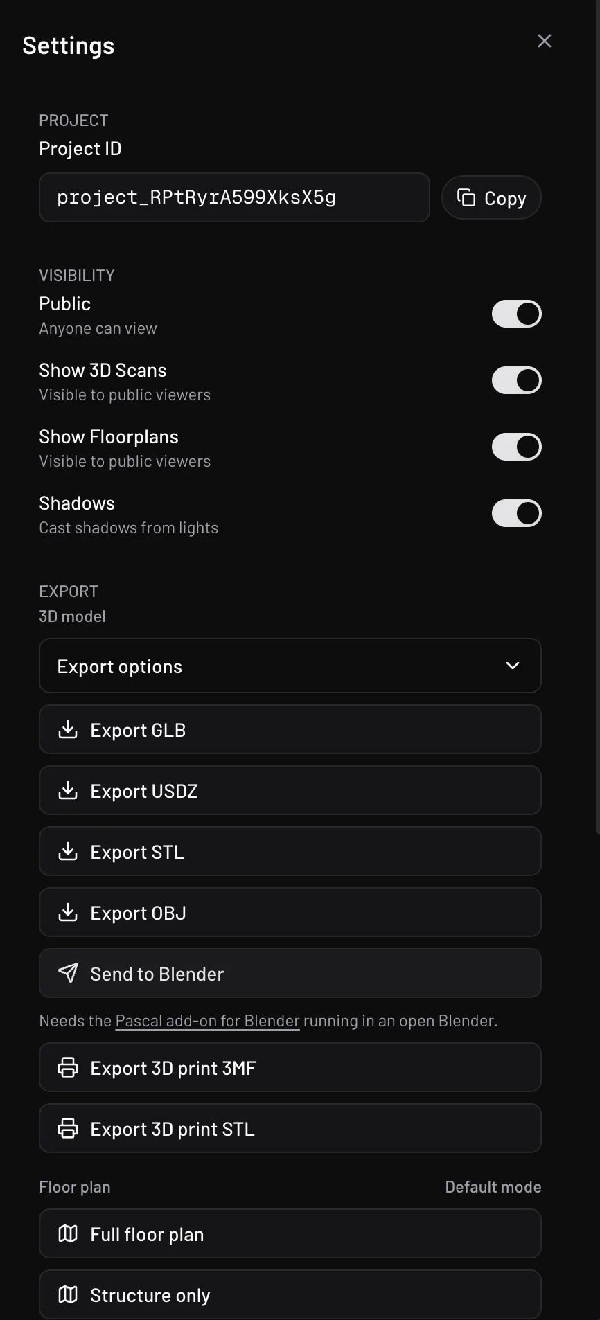The Send to Blender button under Export in the Pascal settings panel
