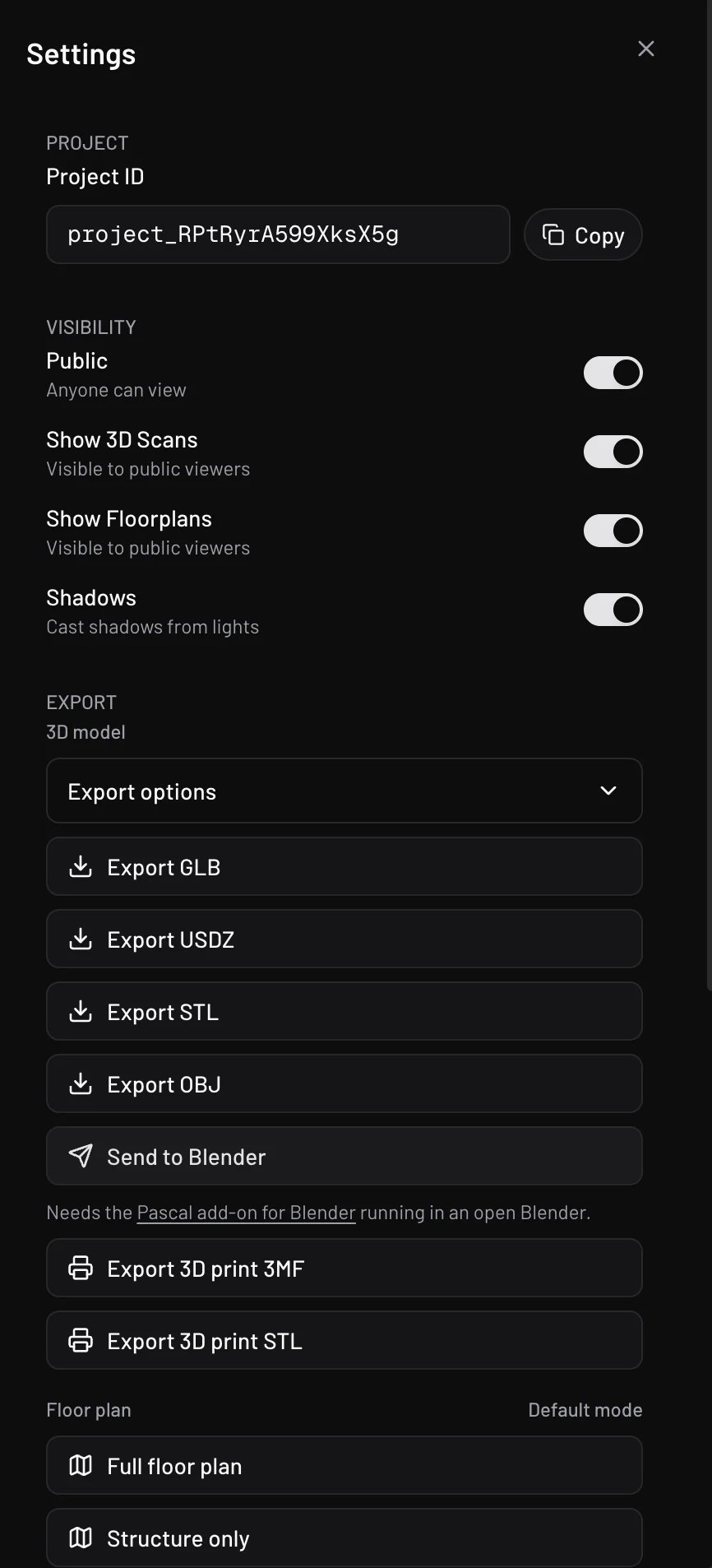 The Send to Blender button under Export in the Pascal settings panel