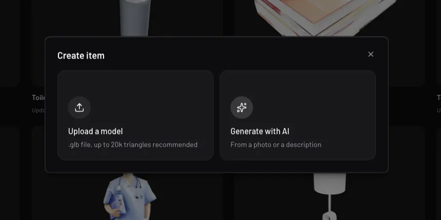The Create item dialog in Pascal, offering Upload a model and Generate with AI