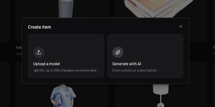 The Create item dialog in Pascal, offering Upload a model and Generate with AI