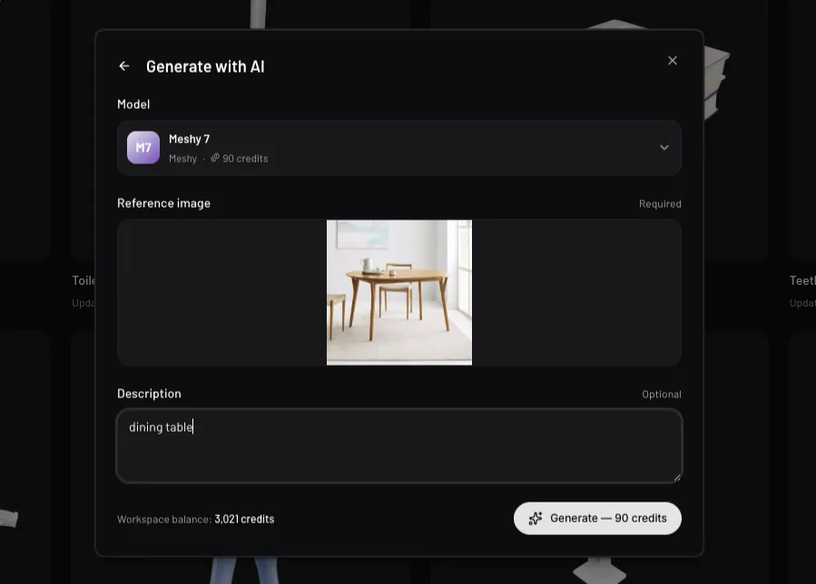 The Generate with AI dialog with a model selected, a reference photo of a dining table, and a description
