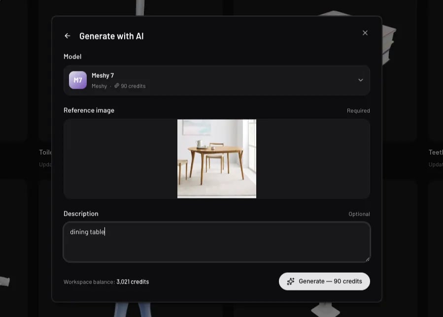 The Generate with AI dialog with a model selected, a reference photo of a dining table, and a description