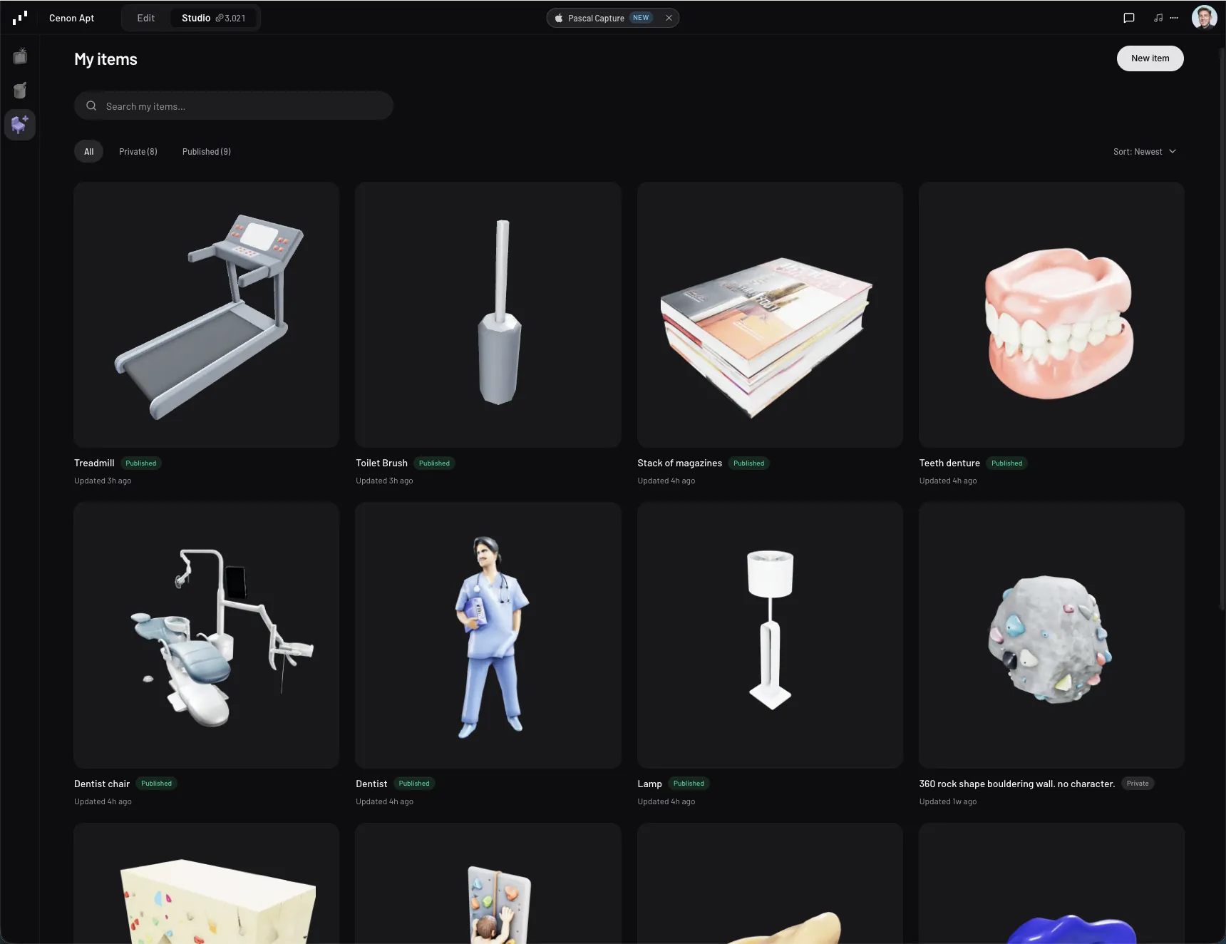 The My items listing in the Pascal item builder, showing generated items with Published and Private badges