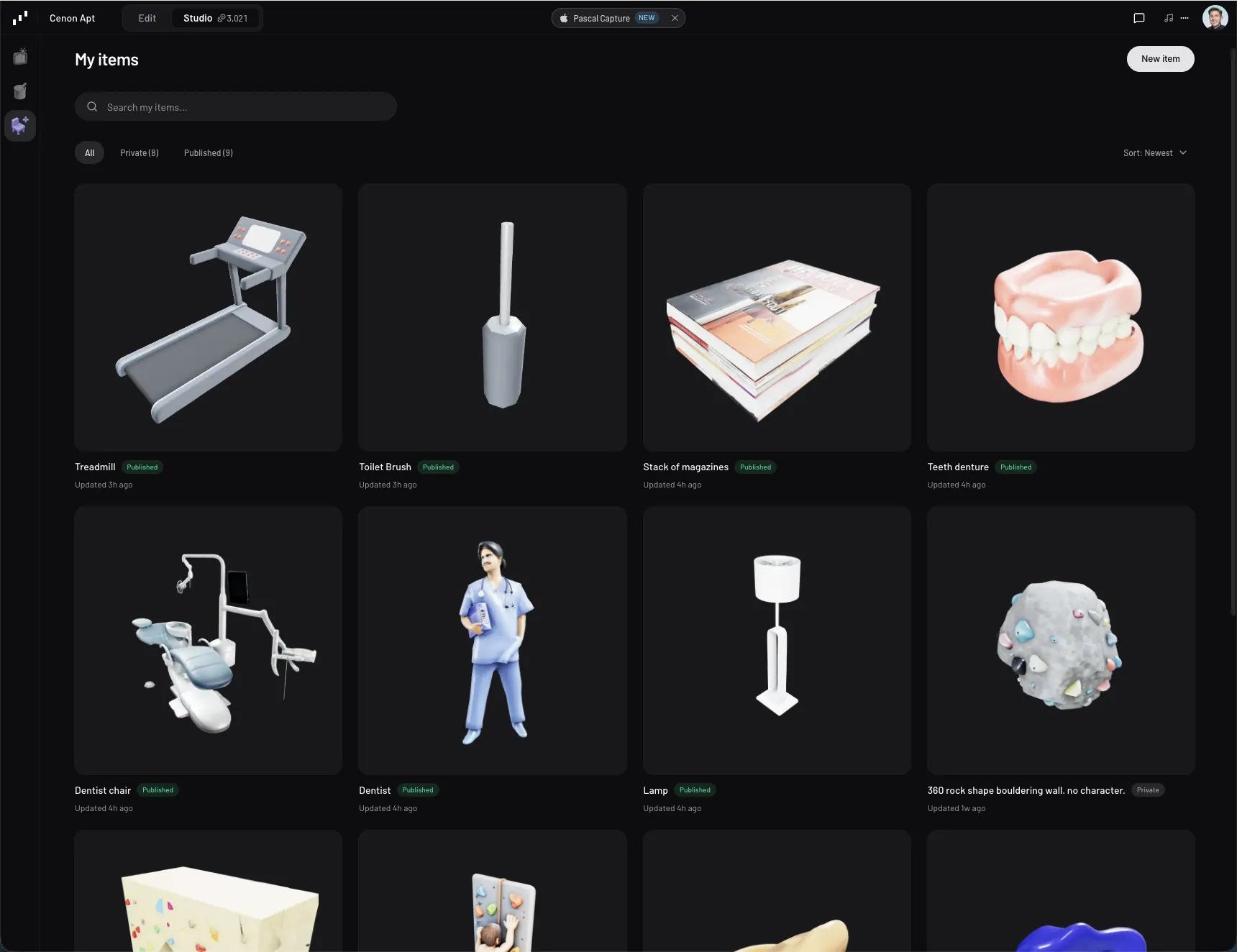 The My items listing in the Pascal item builder, showing generated items with Published and Private badges