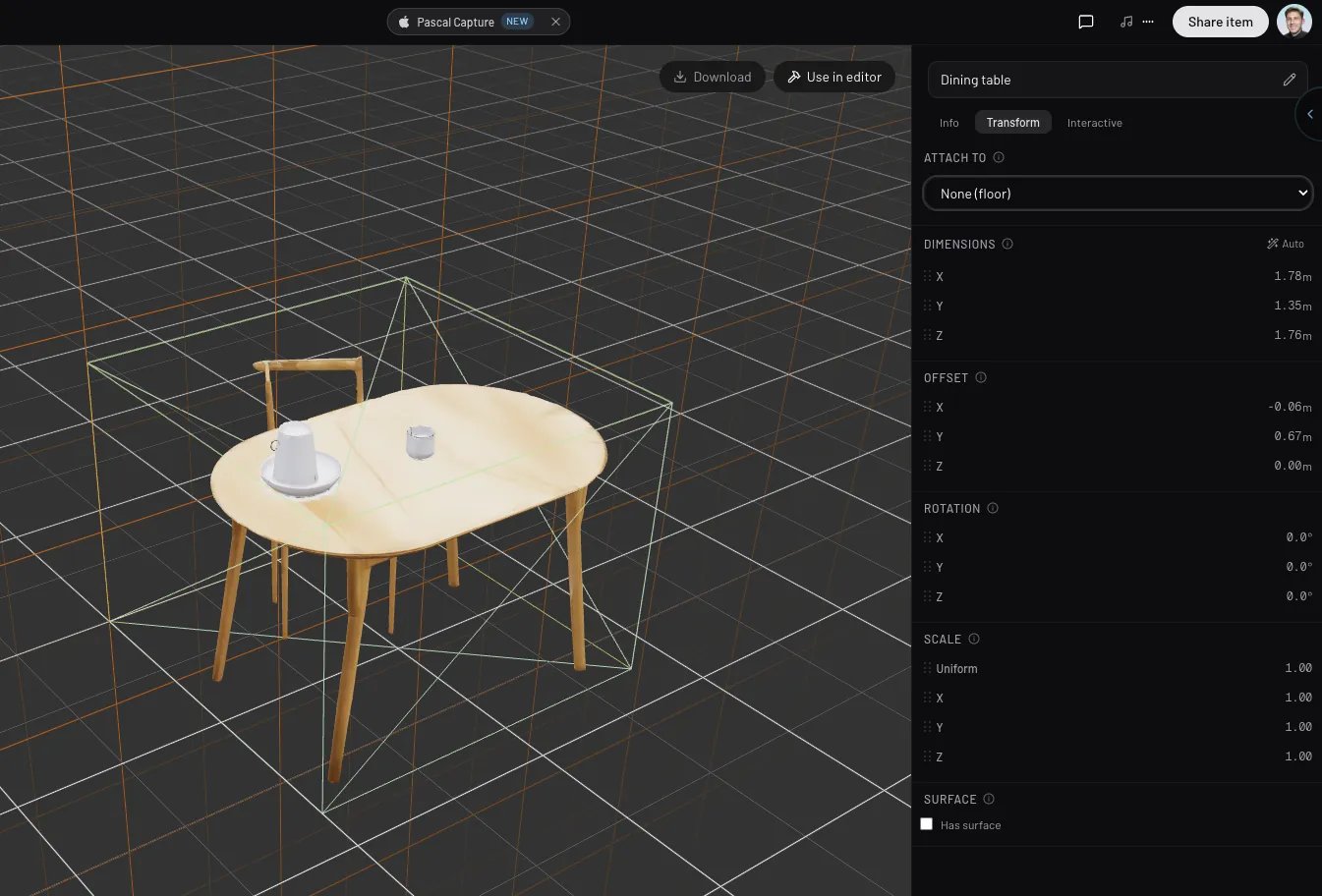 A generated dining table on the item builder stage with the Transform tab open, showing attach-to, dimensions, offset, rotation, scale, and surface