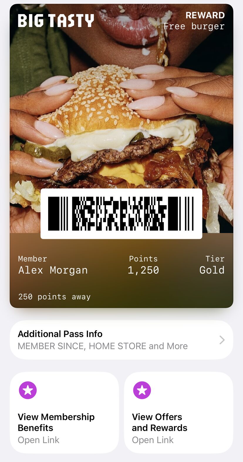 Apple Wallet poster pass showing artwork, fields over the chin and two featured action buttons