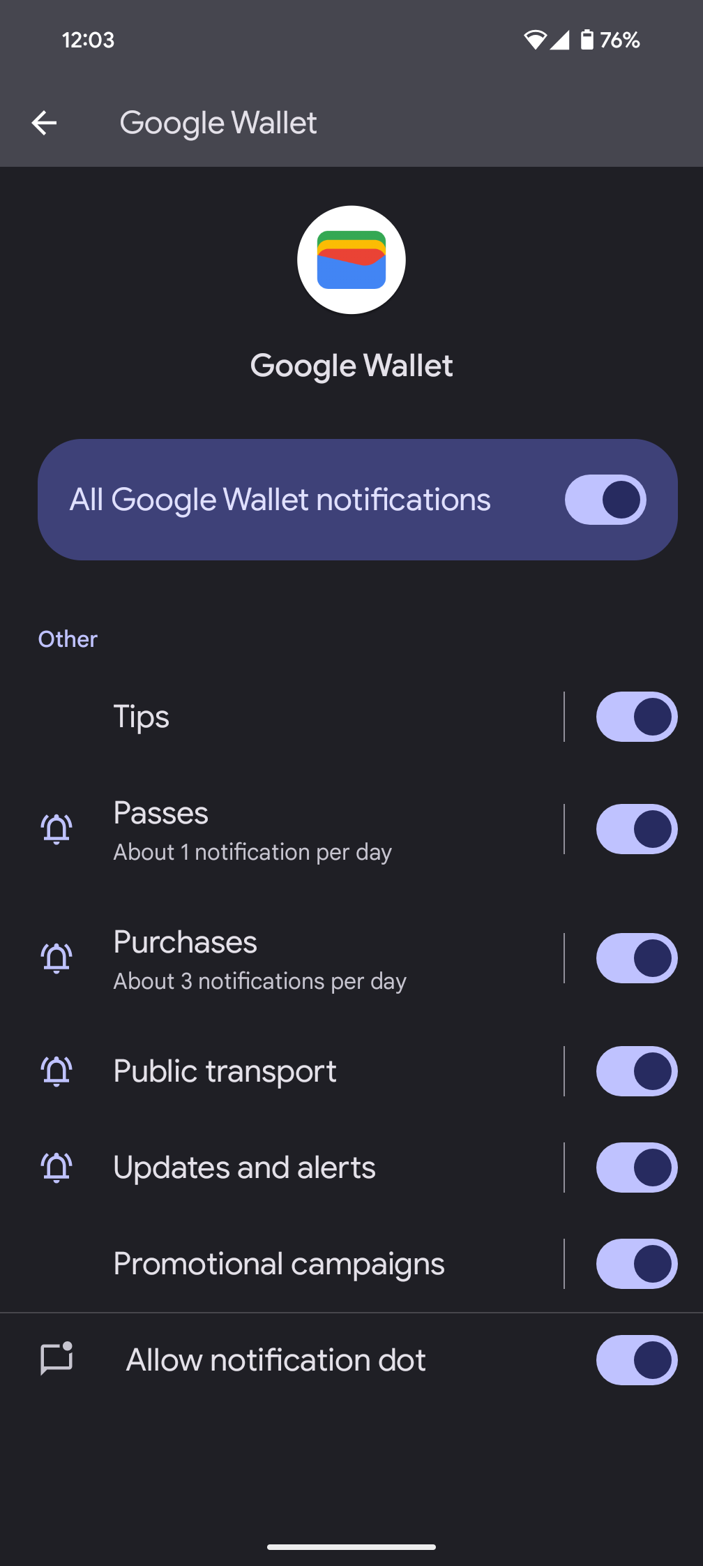 Google Wallet notification permissions