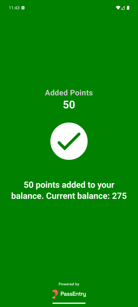 Green success screen reading Added Points 50 with the message 50 points added to your balance