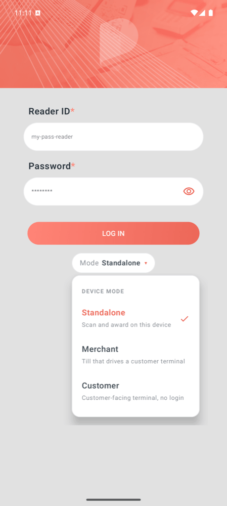 The login screen with the Mode menu open, showing Standalone, Merchant and Customer