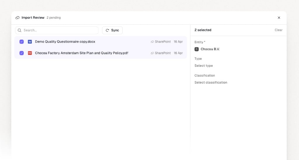 Import Review with files selected and entity assigned