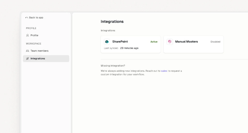 Settings page showing active SharePoint integration and sync status