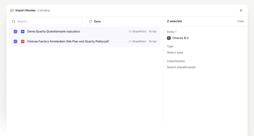 Import Review with files selected and entity assigned