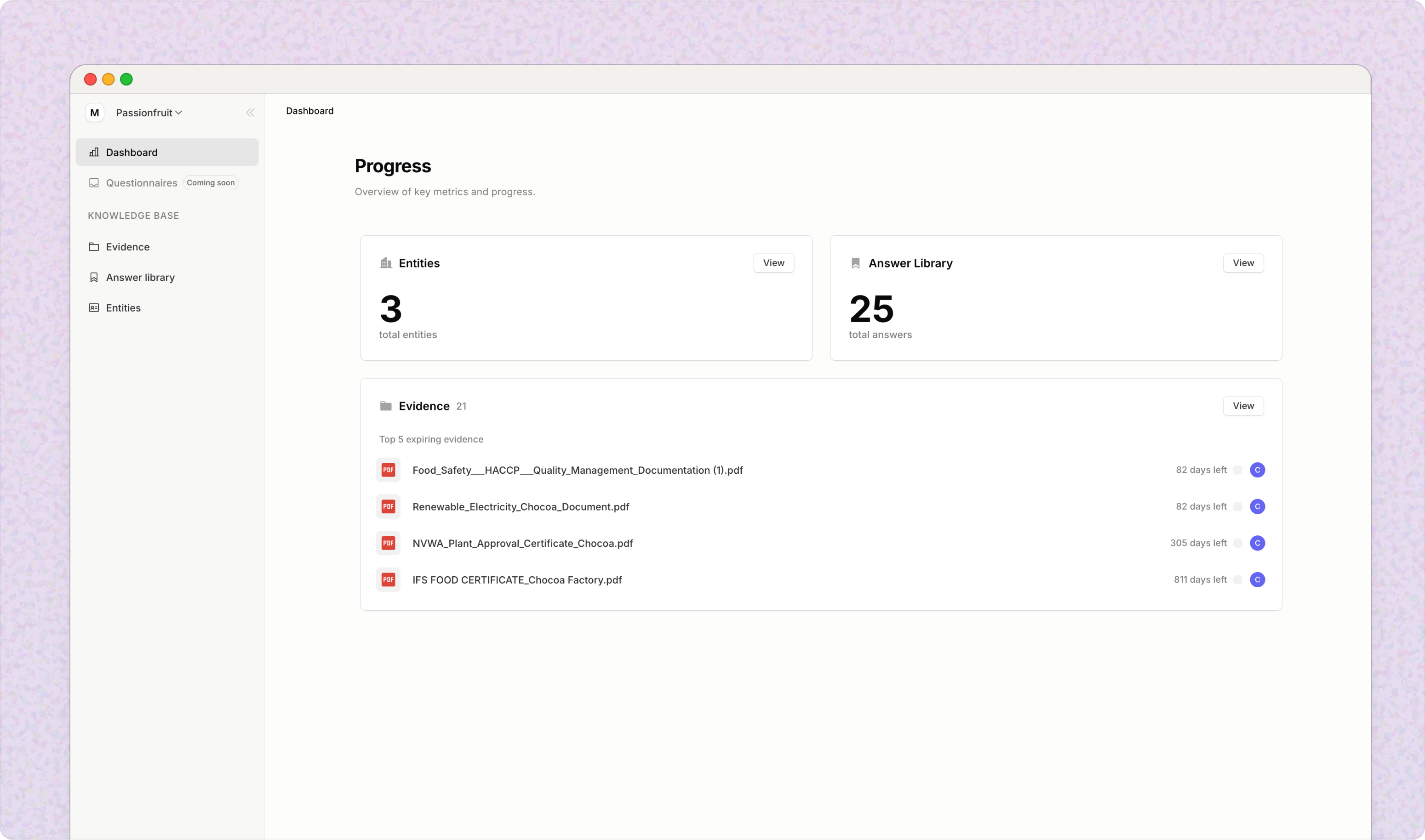 Analytics dashboard showing Progress cards for Entities and Answer Library, and a list of expiring Evidence