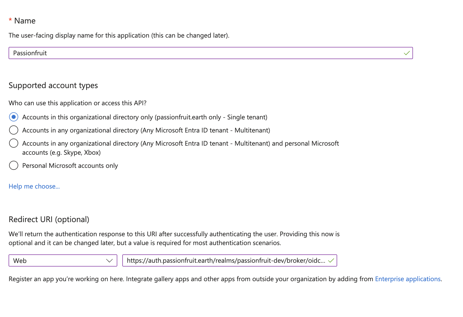 Microsoft Entra ID application registration page showing Name, Supported account types, and Redirect URI configuration