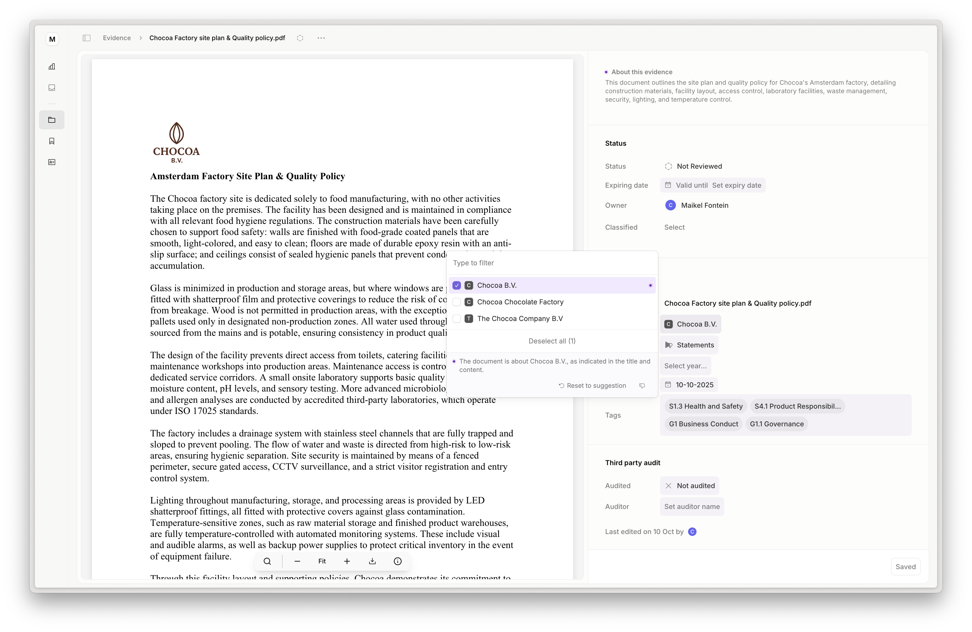 Suggested metadata on the evidence detail panel