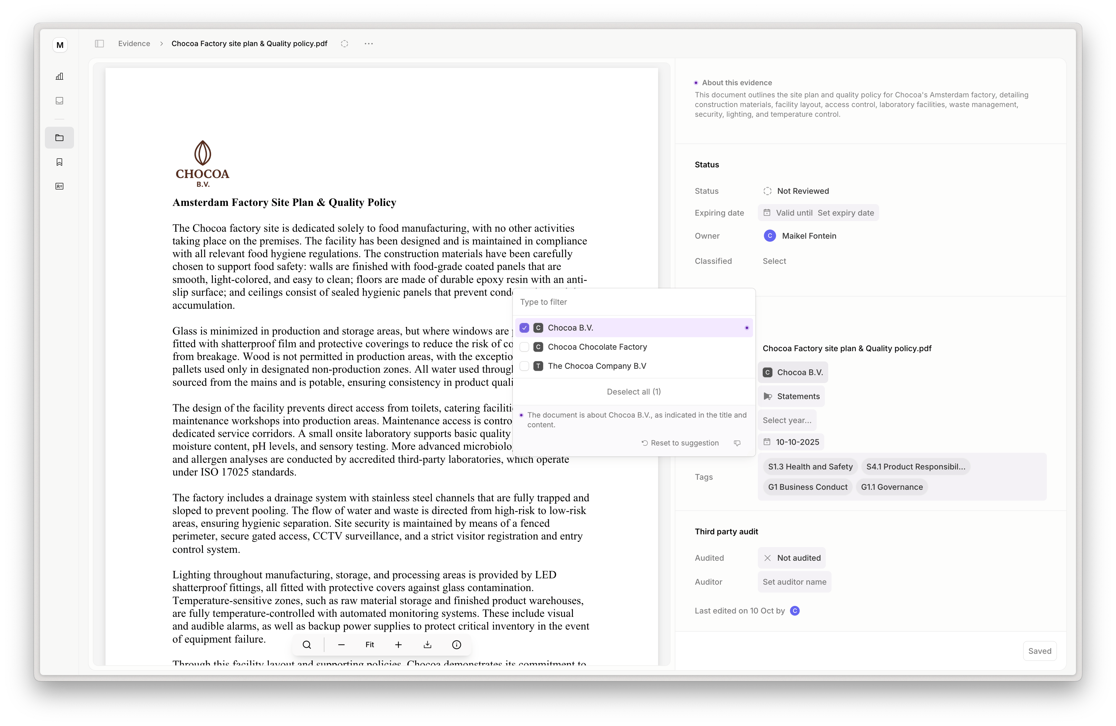 Suggested metadata on the evidence detail panel