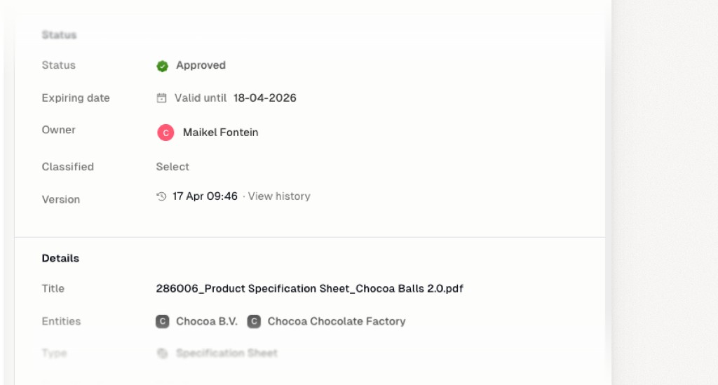 Evidence detail panel showing version date and View history link
