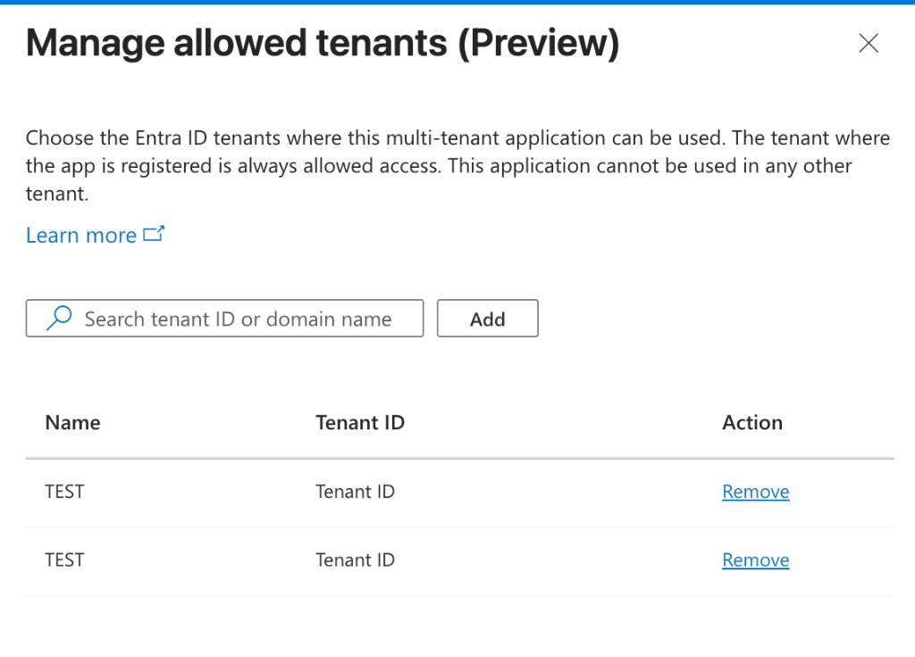 Manage allowed tenants dialog with the option to add a tenant by ID or domain
