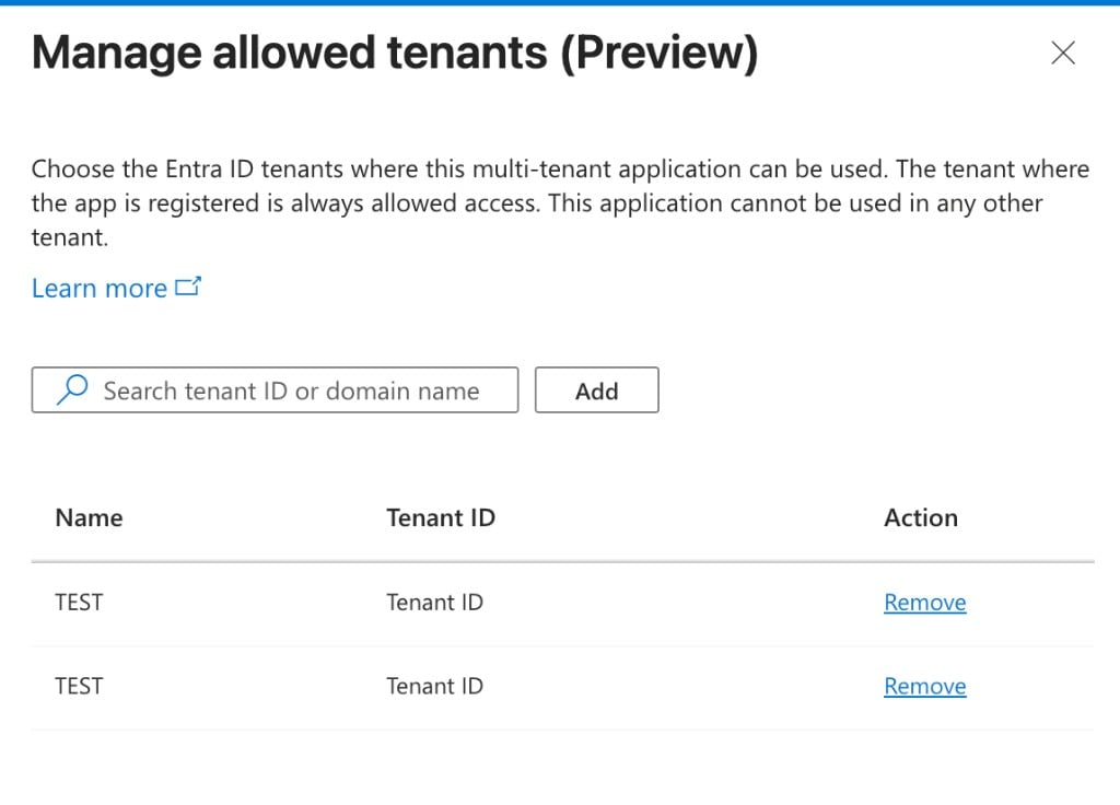 Manage allowed tenants dialog with the option to add a tenant by ID or domain