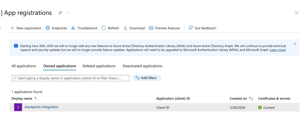 App registrations list showing the SharePoint integration app
