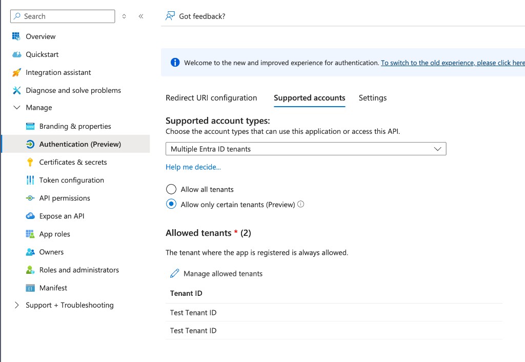 App registration Authentication Preview showing Supported accounts section