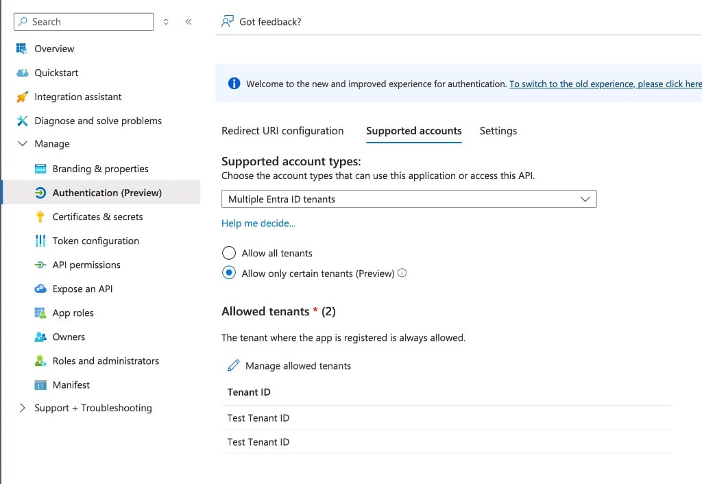App registration Authentication Preview showing Supported accounts section