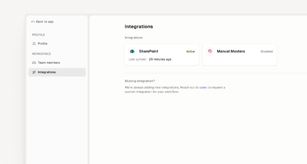 Settings page showing active SharePoint integration and sync status