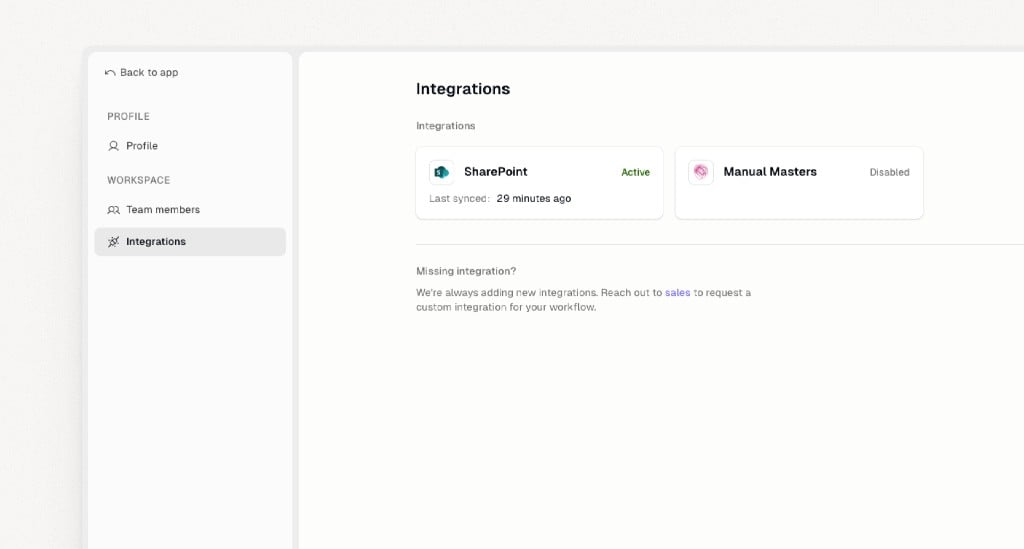 Settings page showing active SharePoint integration and sync status