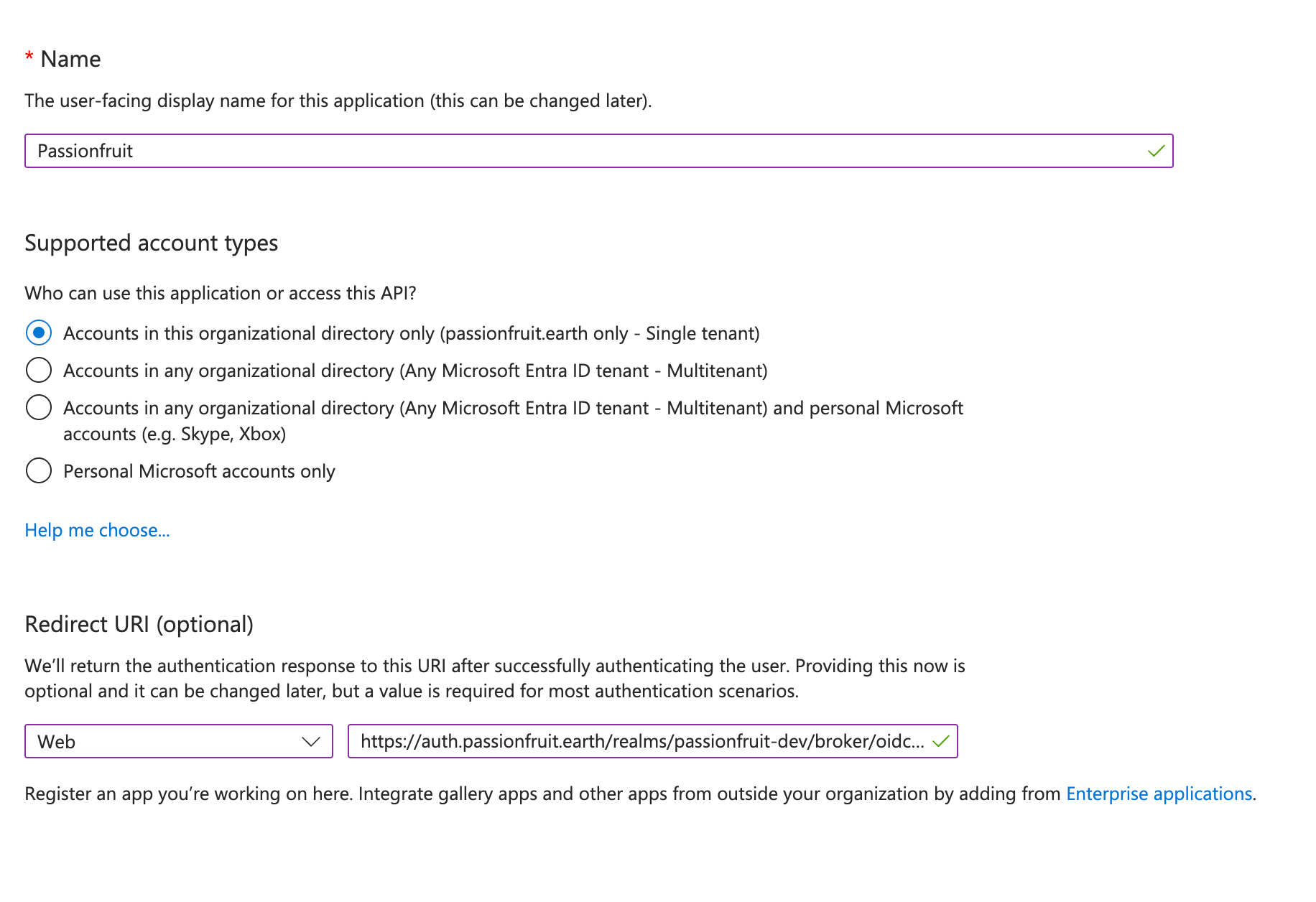 Microsoft Entra ID application registration page showing Name, Supported account types, and Redirect URI configuration