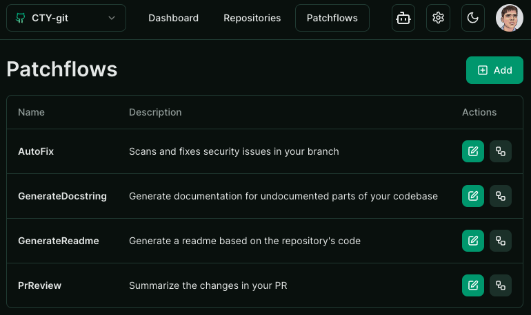 A screenshot showing the current patchflows and ability to create new ones.