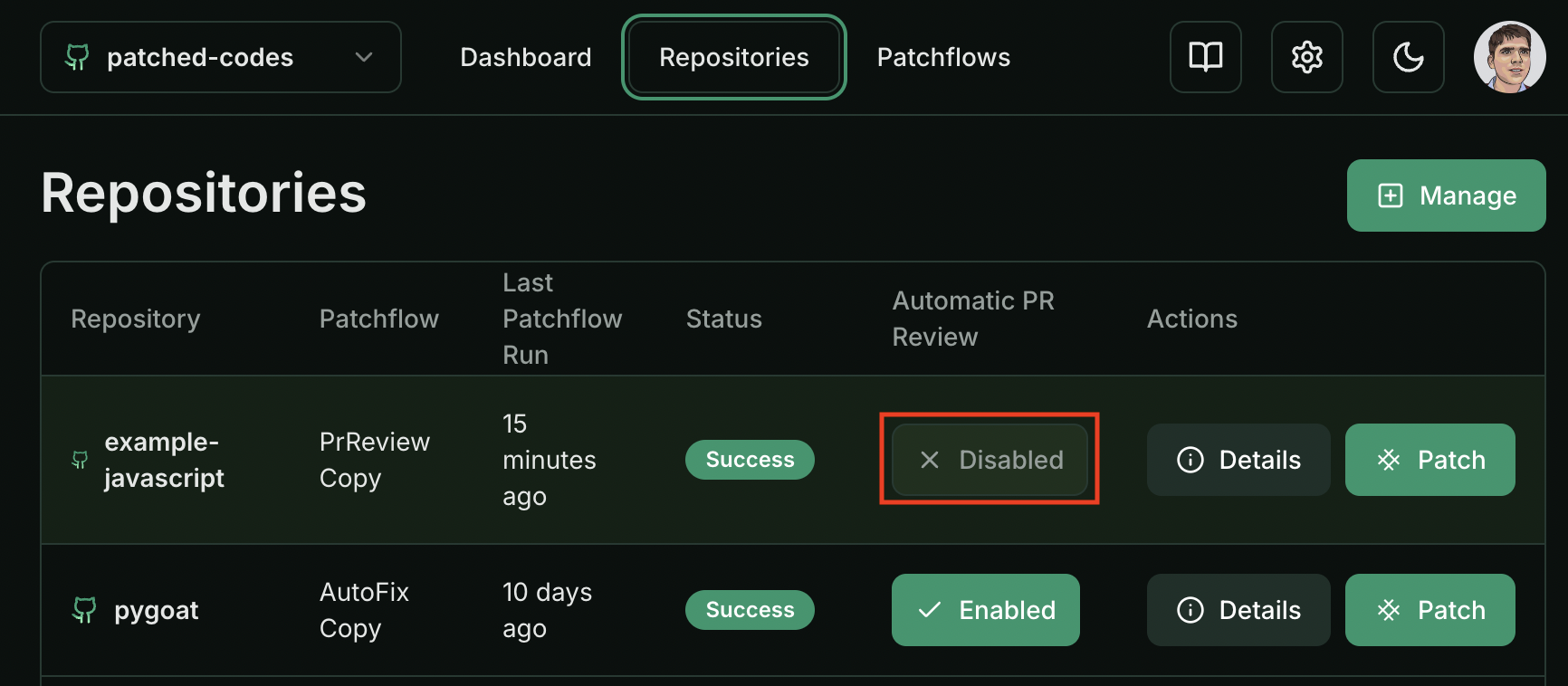 A screenshot showing how to trigger a patchflow using a webhook.
