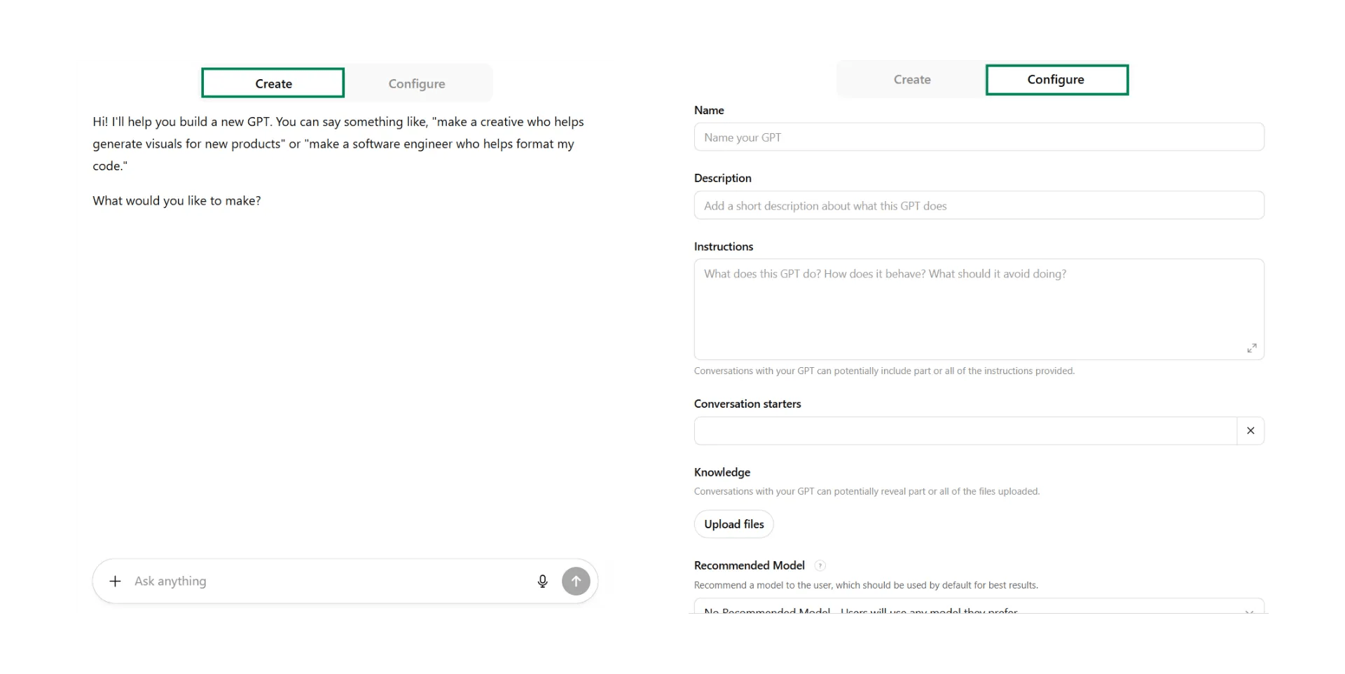 GPT Builder tabs GPT Create and Configure tabs
