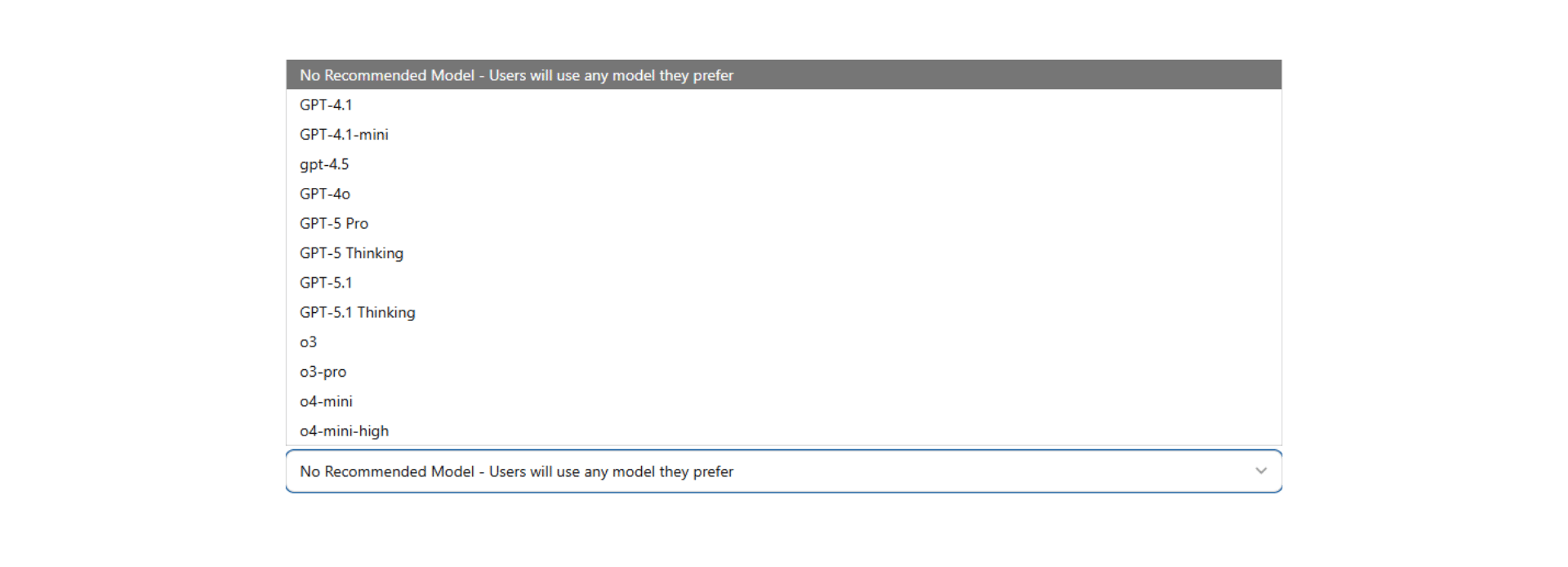 GPT Model selection GPT Model selection panel